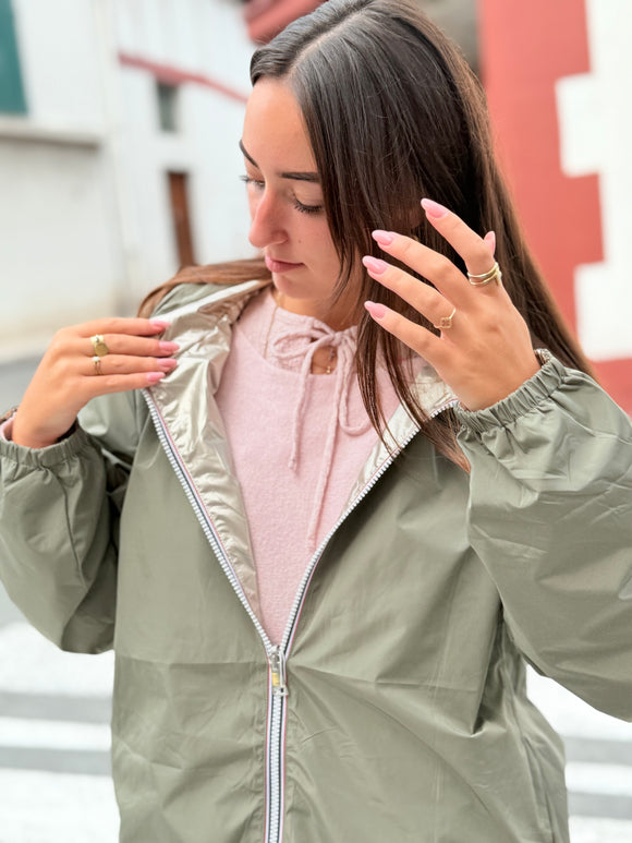 🌦 Imperméable Réversible Kaki / Argenté – Mi-long Ultra Stylé