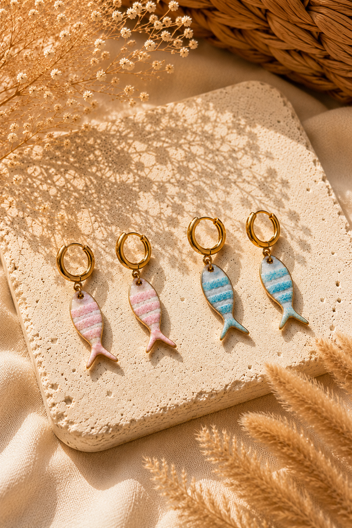 Boucles d'oreille | Acier inoxydable | Mini créoles | Sardines - plusieurs couleurs