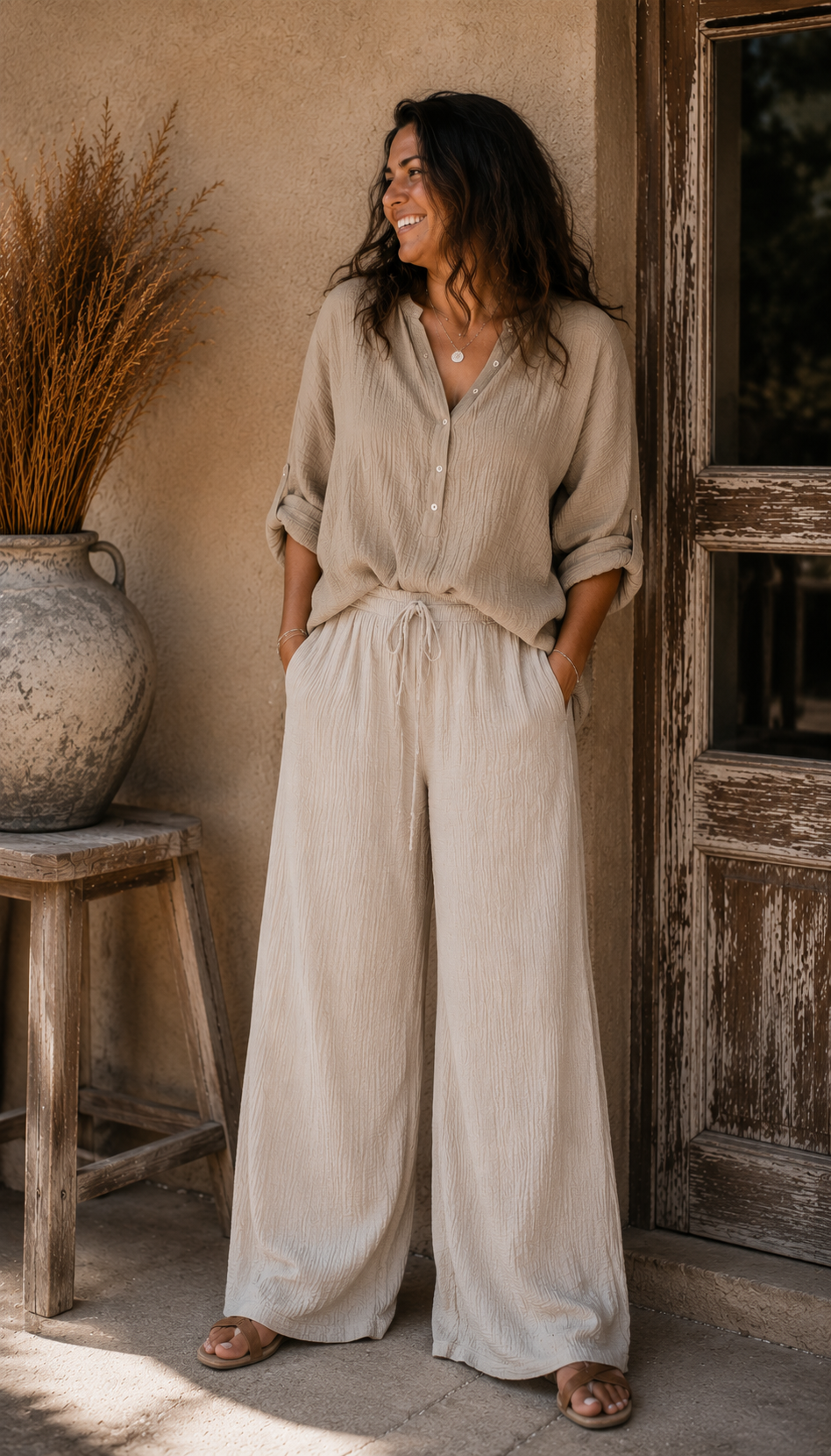 Pantalon Palazzo Gaze de Coton Bohème – Taille Unique | Bleu, Beige