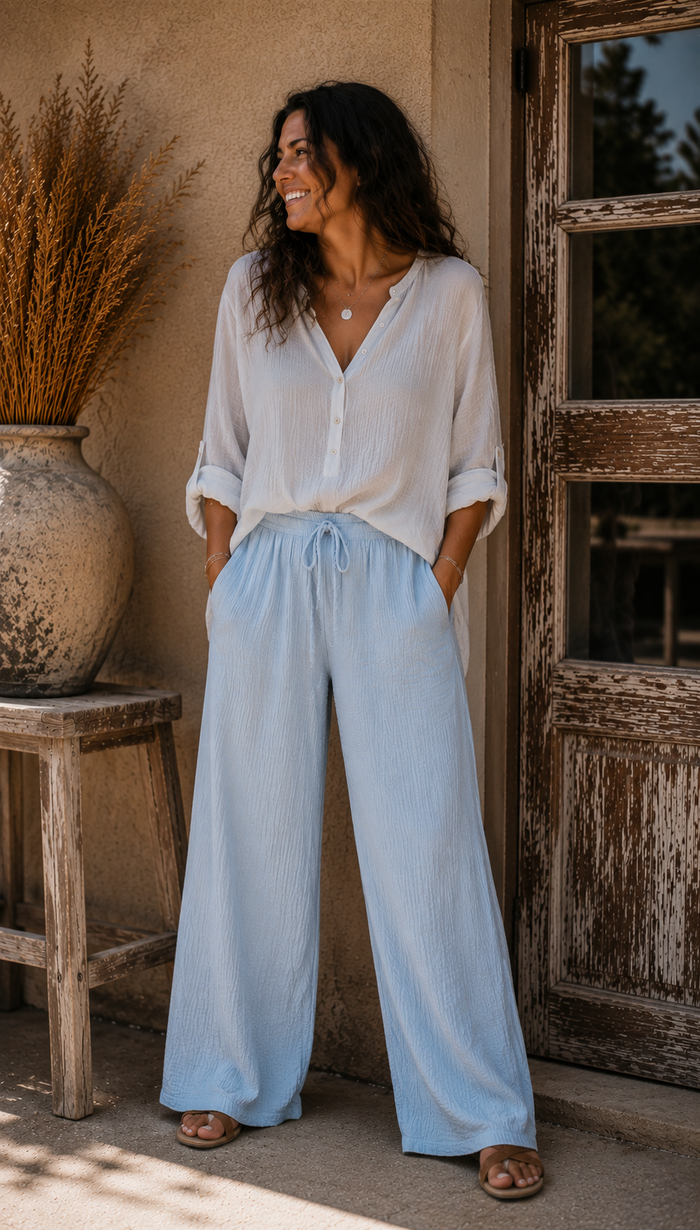 Pantalon Palazzo Gaze de Coton Bohème – Taille Unique | Bleu, Beige