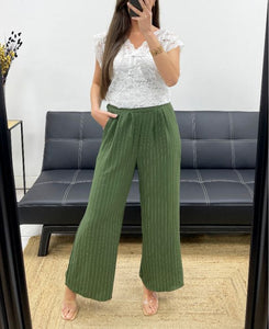🫒 Pantalon fluide rayé – Kaki à rayures blanches