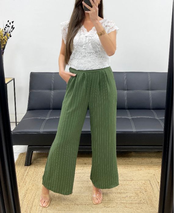 🫒 Pantalon fluide rayé – Kaki à rayures blanches