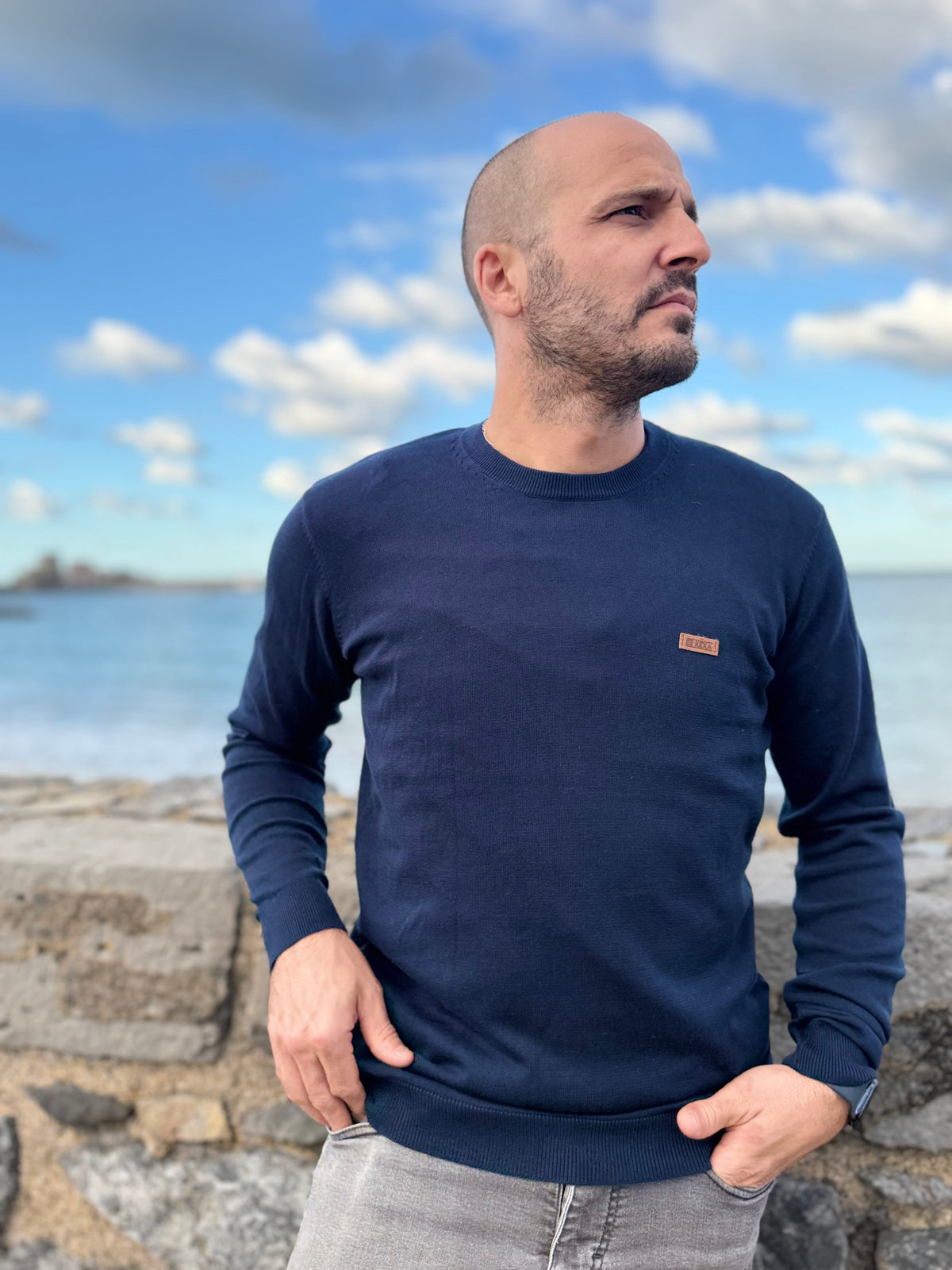 Pull homme en maille légère Ez Kexa à col rond – Washed navy blue