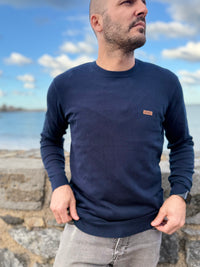 Pull homme en maille légère Ez Kexa à col rond – Washed navy blue