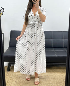 🤍 Robe portefeuille longue à pois – Blanche à pois noirs