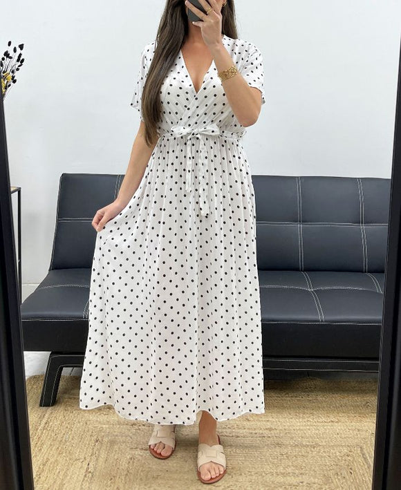 🤍 Robe portefeuille longue à pois – Blanche à pois noirs