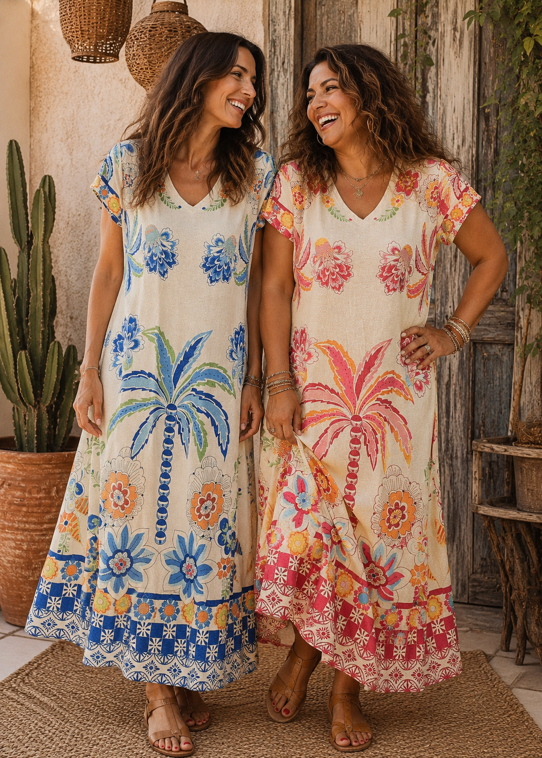 Robe Longue Imprimé Palmier Lurex – Taille Unique | Bleu & Rose