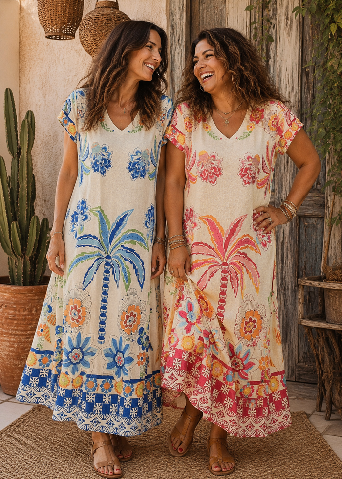 Robe Longue Imprimé Palmier Lurex – Taille Unique | Bleu & Rose