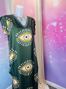 robe verte imprimé œil blanc et jaune pour femme